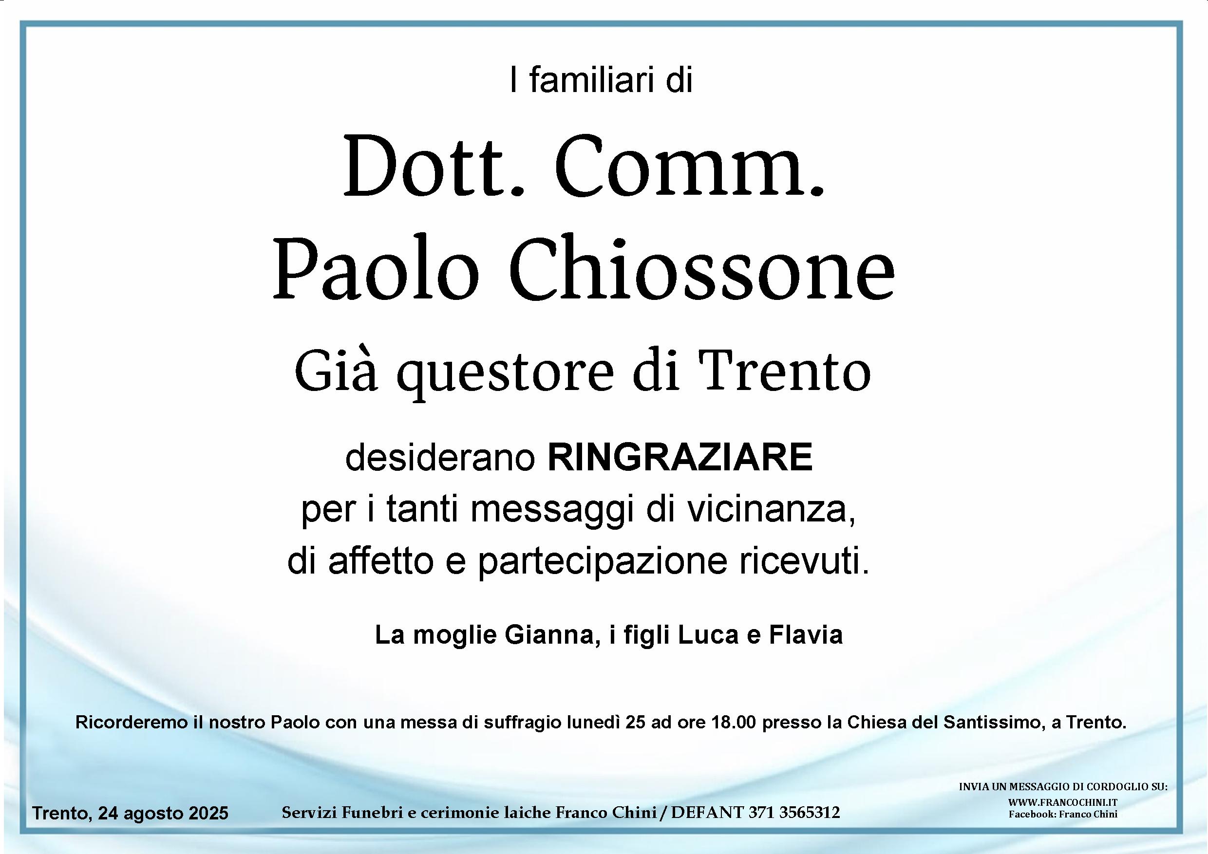 ringraziamento dott. comm. CHIOSSONE PAOLO